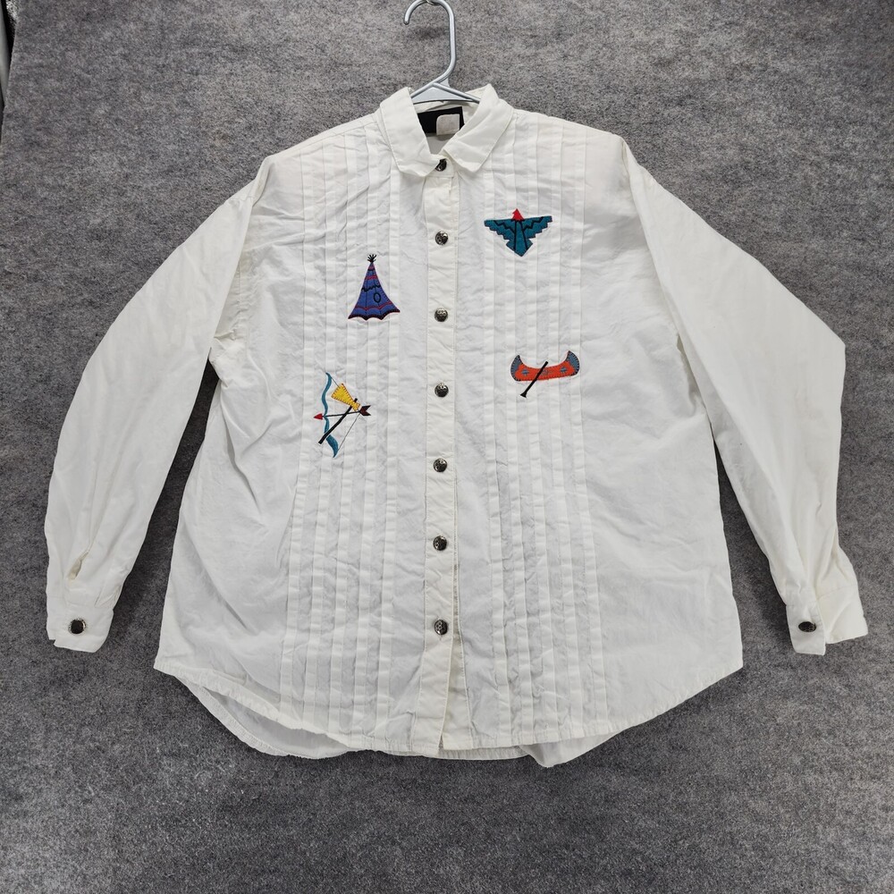 Vintage Circle T Shirt Womens Button Up Long Sleeve White Southwest